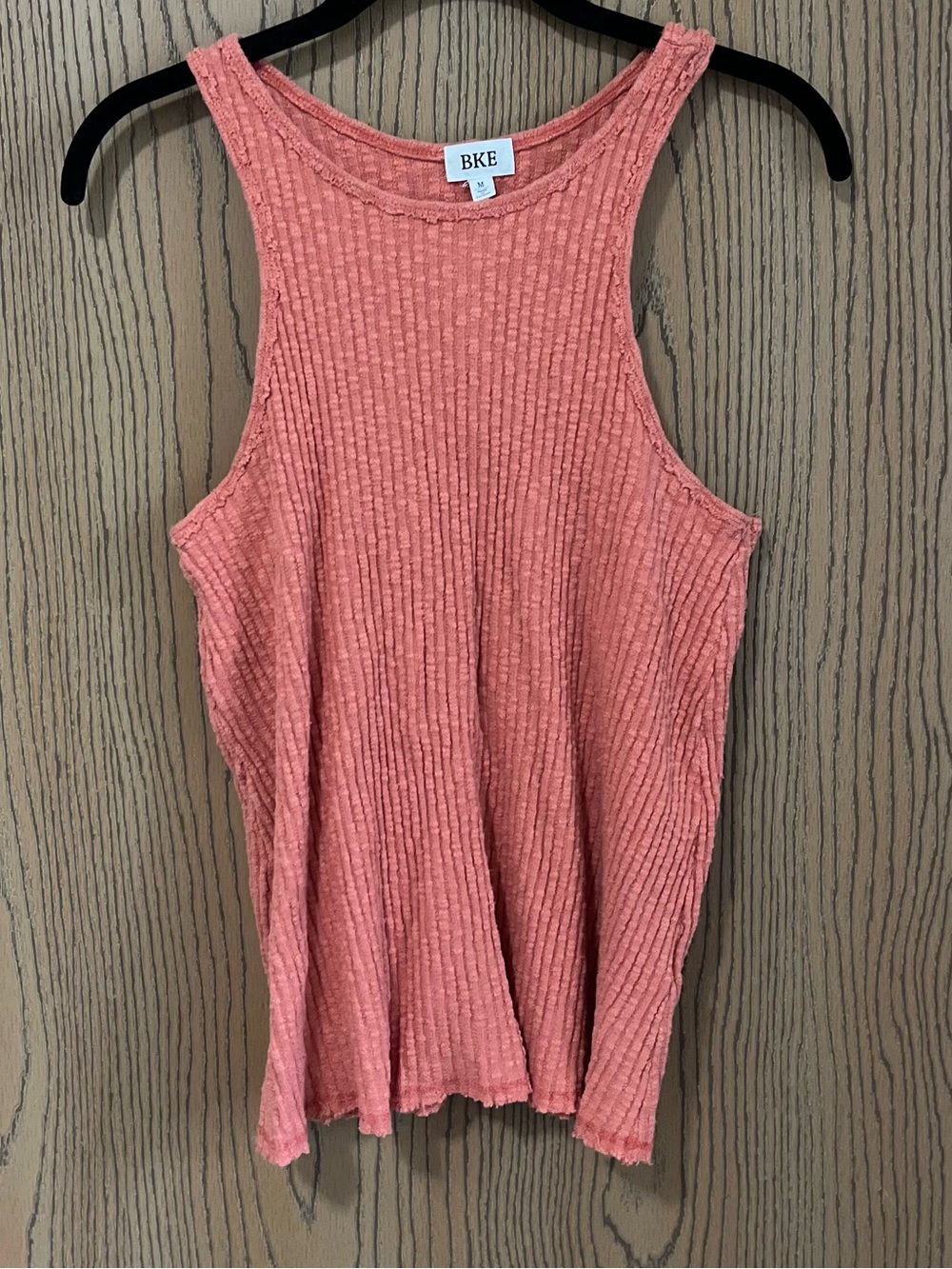 Medium BKE Coral Orange Ribbed High-Neck Cotton Blend Tank Raw Hemline Textured